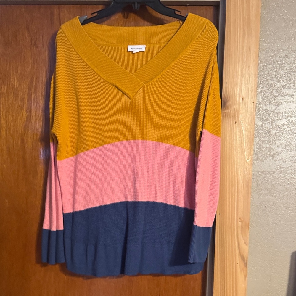 Westbound Mustard, Pink, and Navy V-Neck Sweater